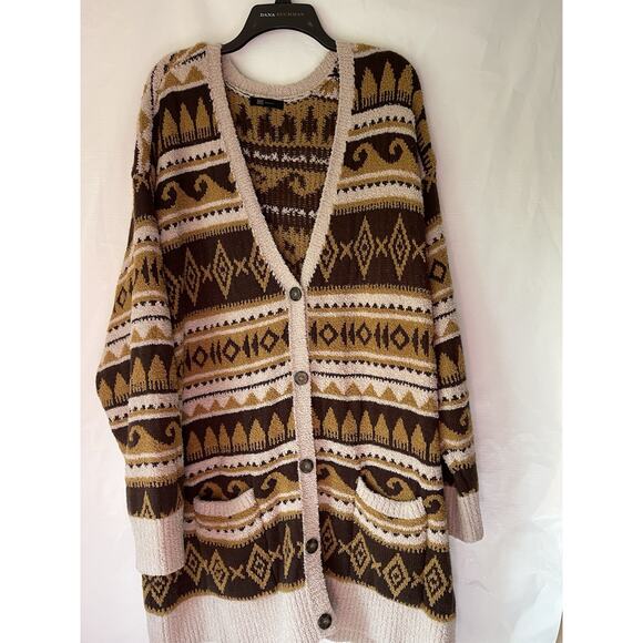 Frye Cardigan Sweater Women's Sz XL Long Length Brown Tan Nordic Cozy - Picture 1 of 5